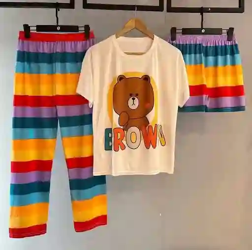 Pijama Tres Piezas Oso Brown Talla Única (camiseta + Pantalón + Short)