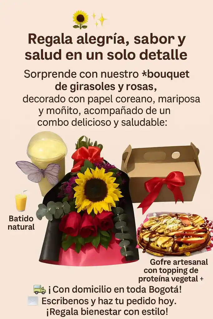 Combo Delicioso Y Saludable: Bouquet De Girasoles Y Rosas + 🥪 Sándwich Artesanal A Base De Proteína Vegetal + Vegetales Frescos Y 🥤 Batido Natural Lleno De Sabor Y Energía.