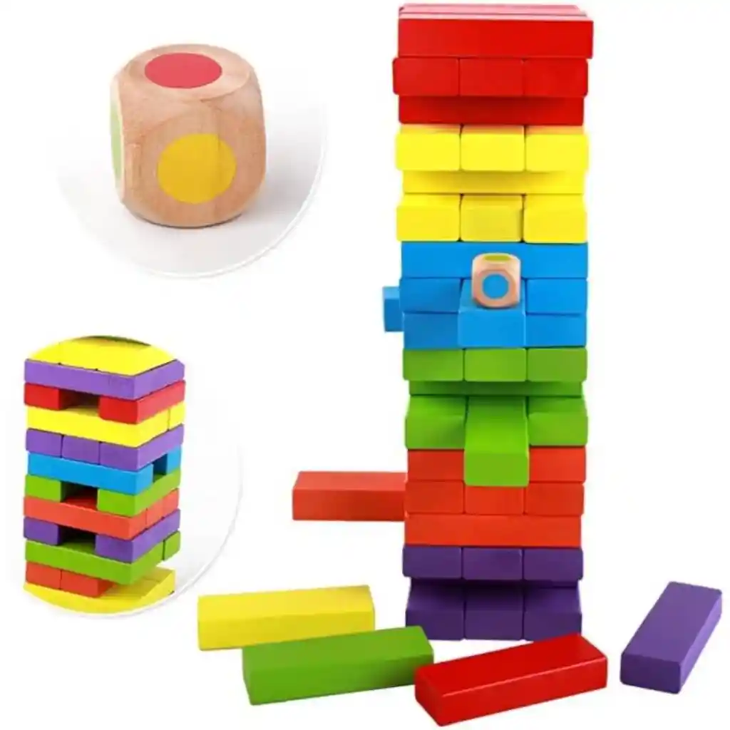 Juego De Mesa Jenga Madera 54 Piezas Con Dado Para Niños