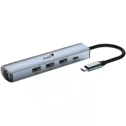 Hub Usb-c 5 en 1 Genius Uh‑545, 3 Puertos Usb 3.0 + Ethernet Gigabit + Alimentación Usb-c (5 v/3 a), Cable 15 cm, Color Gris Hierro