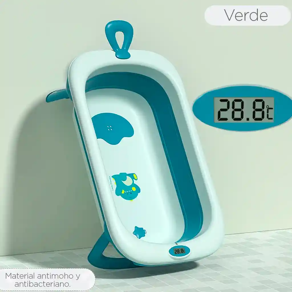 Bañera Para Bebé Plegable Con Termómetro Y Soporte Para Pared Con Dibujo De Dinosaurio Verde