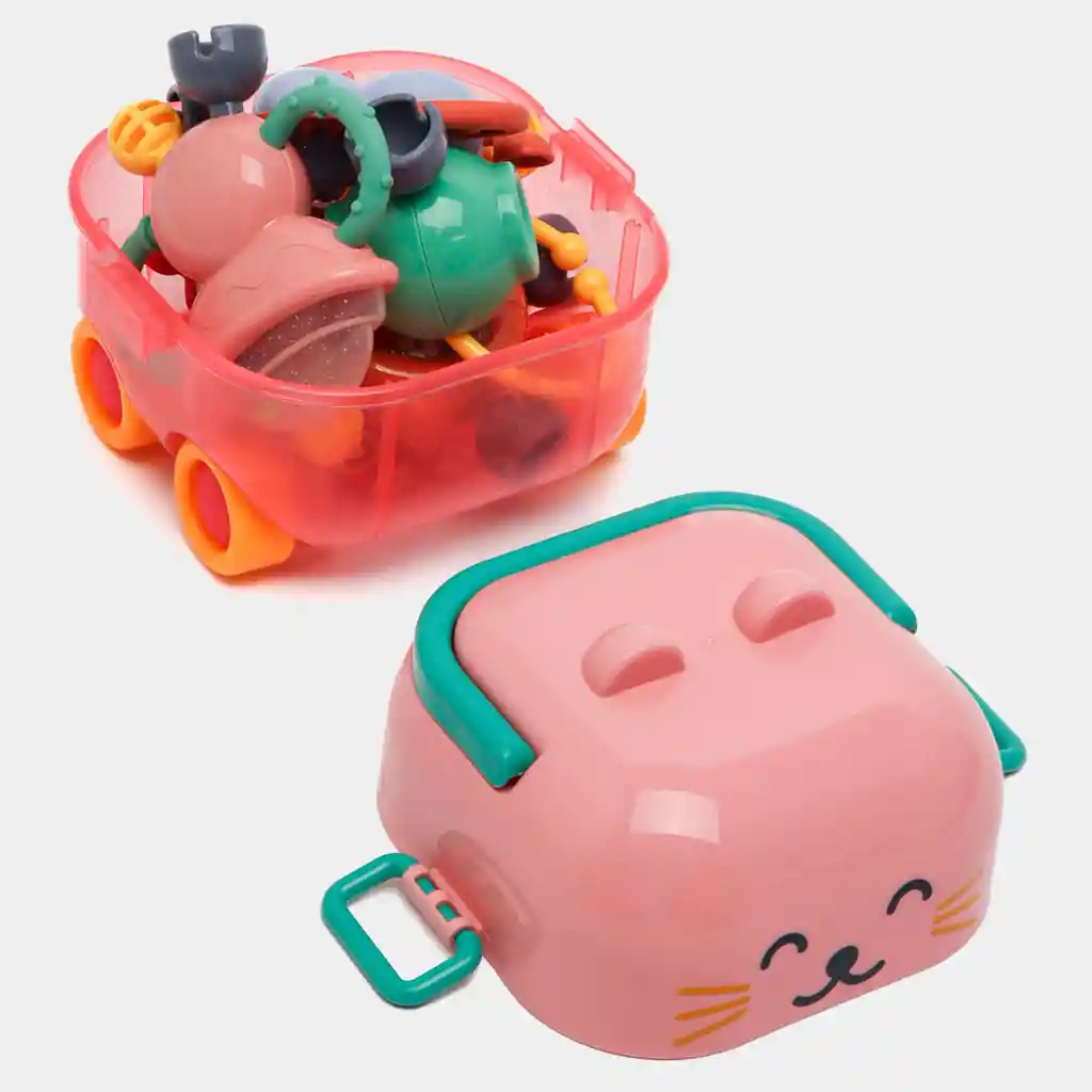 Estuche De Sonajeros Gato Rosa 5pz Caritas De Animales, Con Rascaencias, Hechos En Silicona De Grado Alimenticio Y Plástico Abs Sin Bpa, Estuche Con Luces Y Melodías