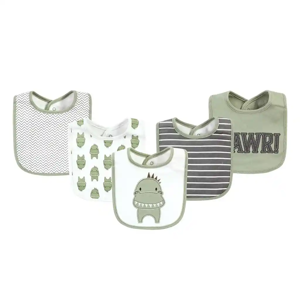 Paquete X5 Baberos Dinosaurio Verde En Algodón Para Bebé, Ajustable Por Botones A Presión, Con Diseños Coloridos Variados, Fácil De Limpiar, Absorbente - Hudson Baby