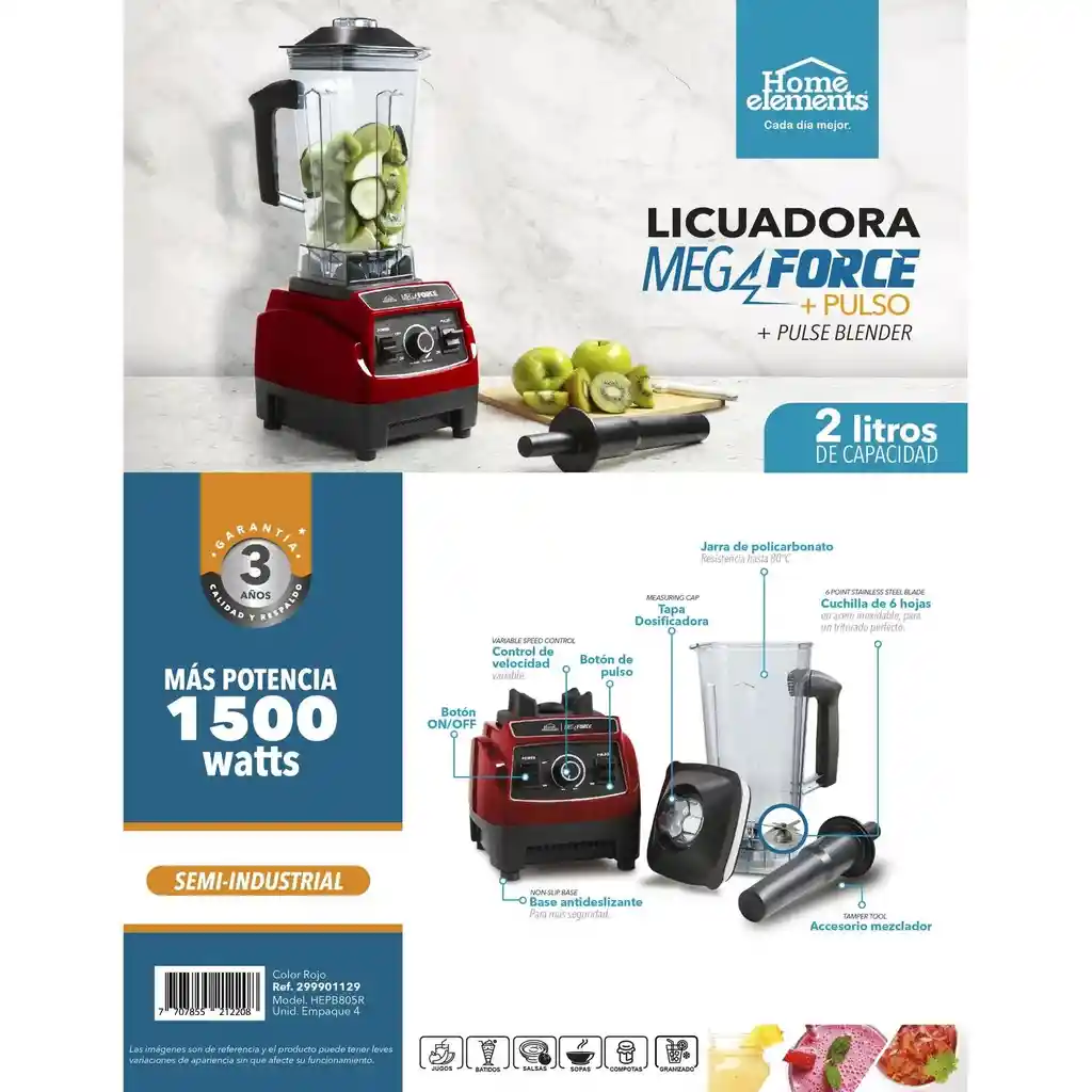 Licuadora Home Elements Megaforce 2l 110v Hepb805r 1500w