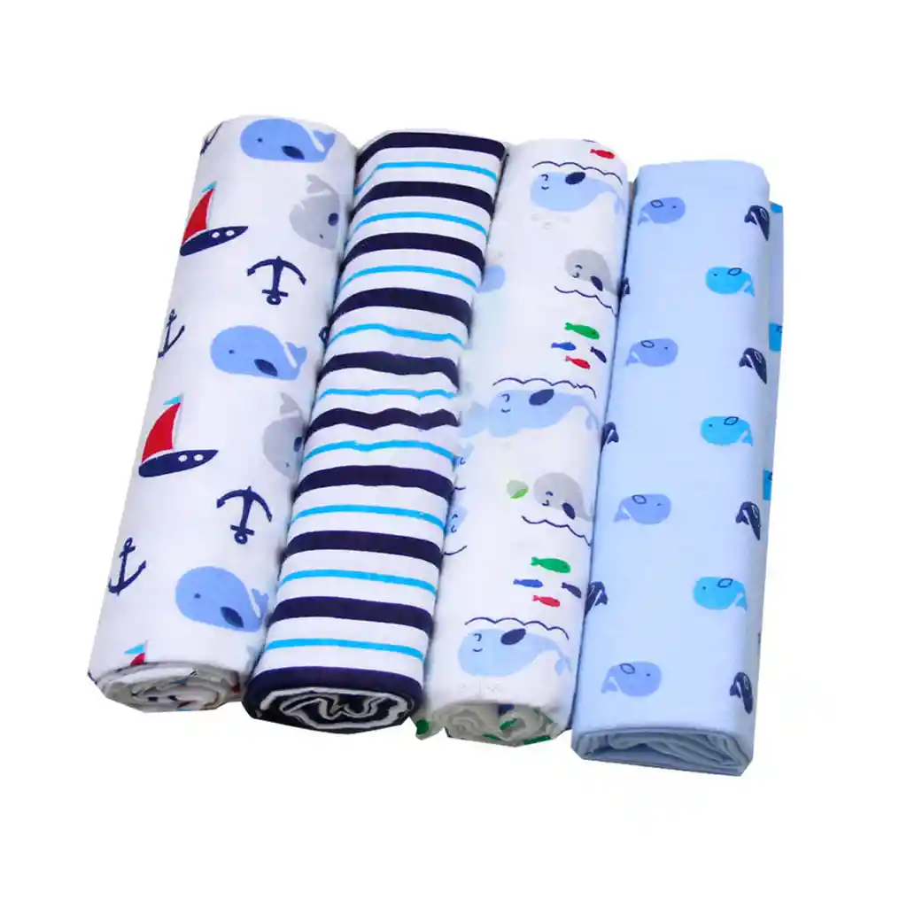 Paquete X4 Mantillas Azul Ballenitas 100% Algodón De 76x76cm, Sabana De Muselina Con Estampado Y Colores Divertidos, Manta De Tela Suave Y Antialérgica