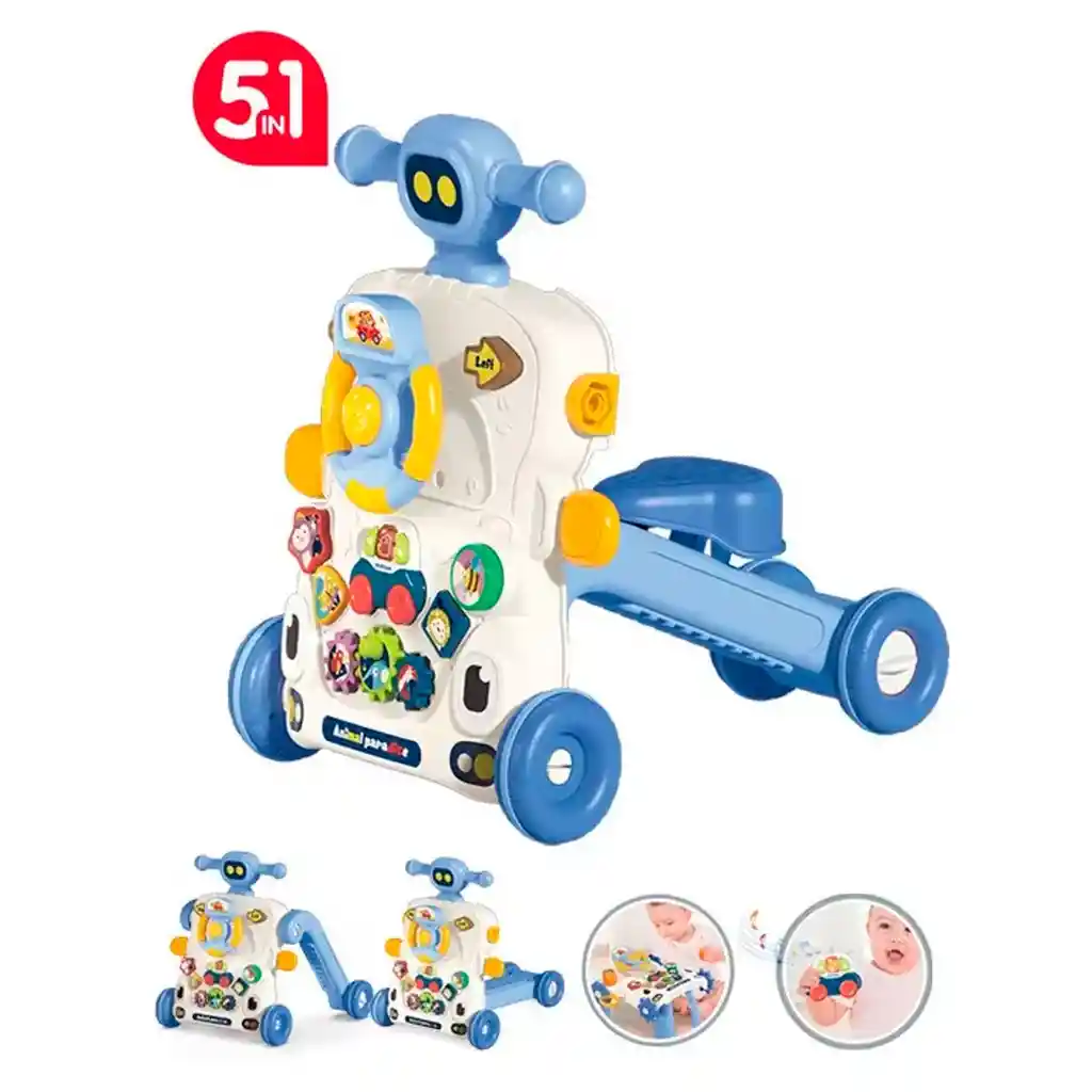 Andadera Y Centro De Actividades Azul Multifuncional 5 En 1, Ajustable A Mesa De Actividades, Scooter Y Bicicleta, Diversos Accesorios Con Luces Y Melodías Para Bebé - Bibi-inn