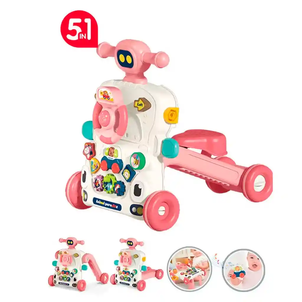 Andadera Y Centro De Actividades Rosada Multifuncional 5 En 1, Ajustable A Mesa De Actividades, Scooter Y Bicicleta, Diversos Accesorios Con Luces Y Melodías Para Bebé - Bibi-inn