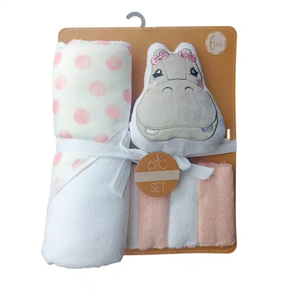 Kit De Baño Hipopótamo 6pz Con Toalla Con Capucha Y Babitas, Set De Toalla Con Capucha, Paquete De 4 Babitas Para Bebé, Una Esponja Con Diseño Animado