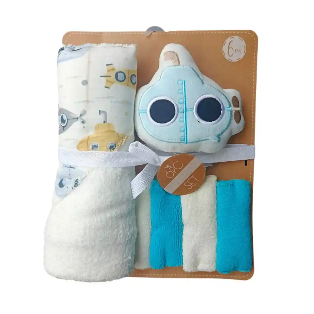 Kit De Baño Submarino 6pz Con Toalla Con Capucha Y Babitas, Set De Toalla Con Capucha, Paquete De 4 Babitas Para Bebé, Una Esponja Con Diseño Animado