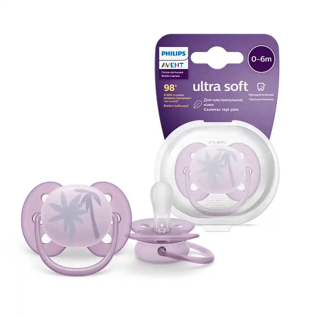 Chupa Ultra Soft X2 Palmera Púrpura 0 A 6 Meses, Ideal Para Piel Sensible - Philips Avent