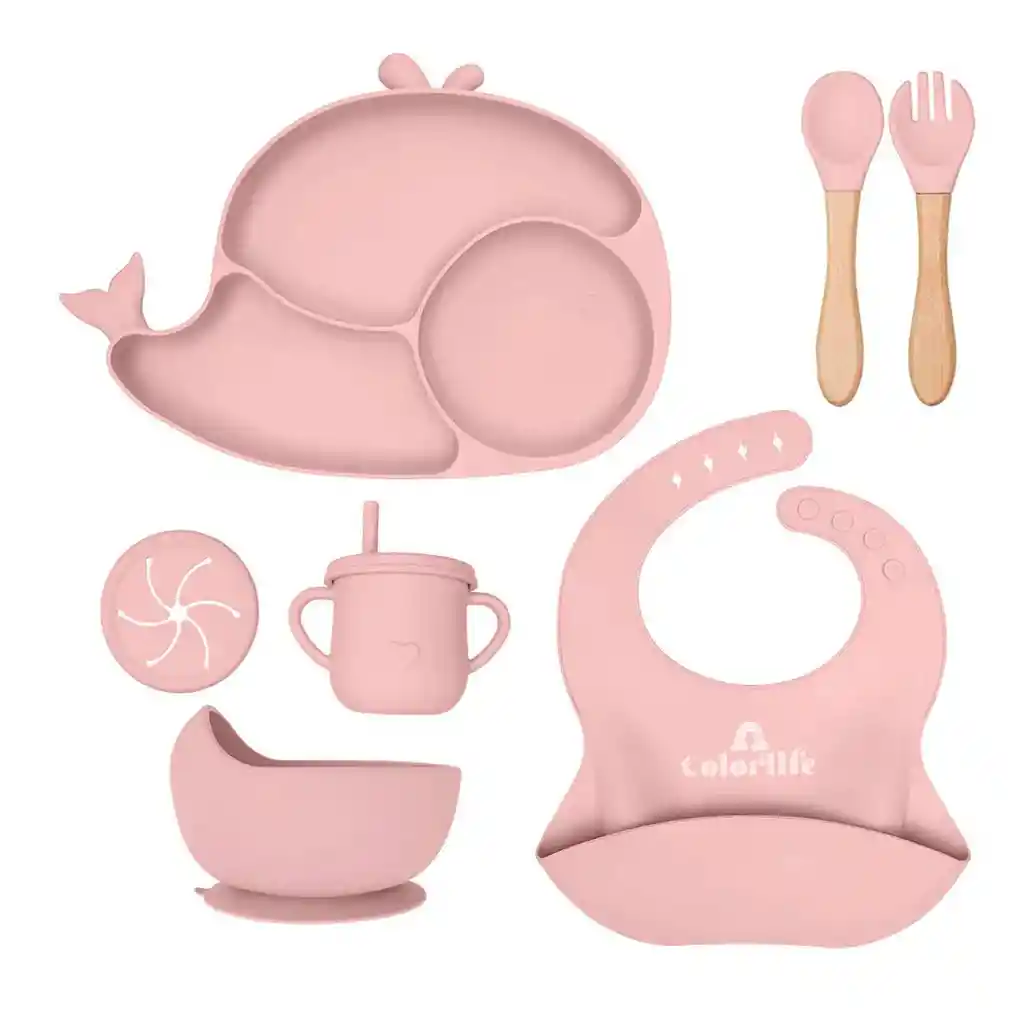 Set Vajilla Rosada 8pz En Silicona Diseño Ballenita, Combo De Alimentación Complementaria, 100% Libre De Bpa, Set De Babero, Plato, Tazón Y Cubiertos, Hechos En Material Calidad Alimenticia Y Resistente - Color Life