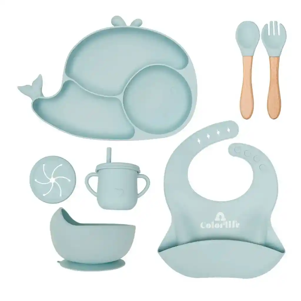 Set Vajilla Azul 8pz En Silicona Diseño Ballenita, Combo De Alimentación Complementaria, 100% Libre De Bpa, Set De Babero, Plato, Tazón Y Cubiertos, Hechos En Material Calidad Alimenticia Y Resistente - Color Life