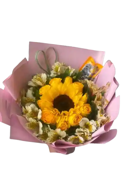 Bouquet Con Un Girasol Central, Bordeado Con Delicadas Astromelias + Chocolates Mm