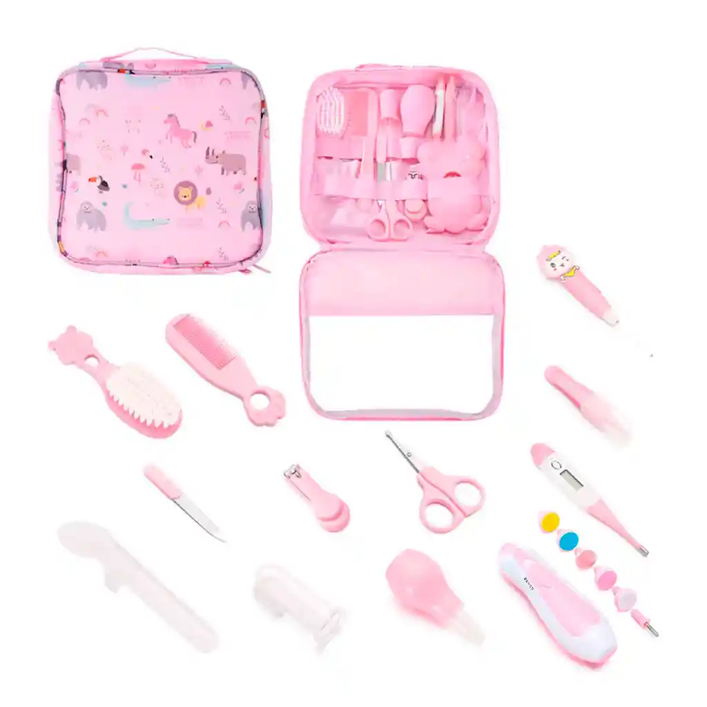 Kit De Aseo Bolso Rosa Estampado De Animalitos, Set De Aseo Para Bebé Recién Nacido, De 14 Piezas Incluyendo Una Lima Eléctrica Con Cabezales Intercambiables, Cómodo Estuche Para Facilitar El Llevarlo