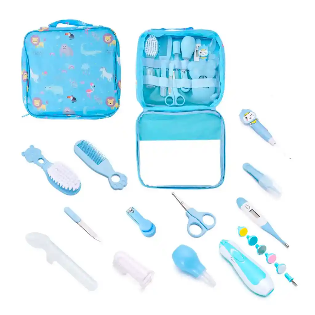 Kit De Aseo Bolso Azul Estampado De Animalitos, Set De Aseo Para Bebé Recién Nacido, De 14 Piezas Incluyendo Una Lima Eléctrica Con Cabezales Intercambiables, Cómodo Estuche Para Facilitar El Llevarlo