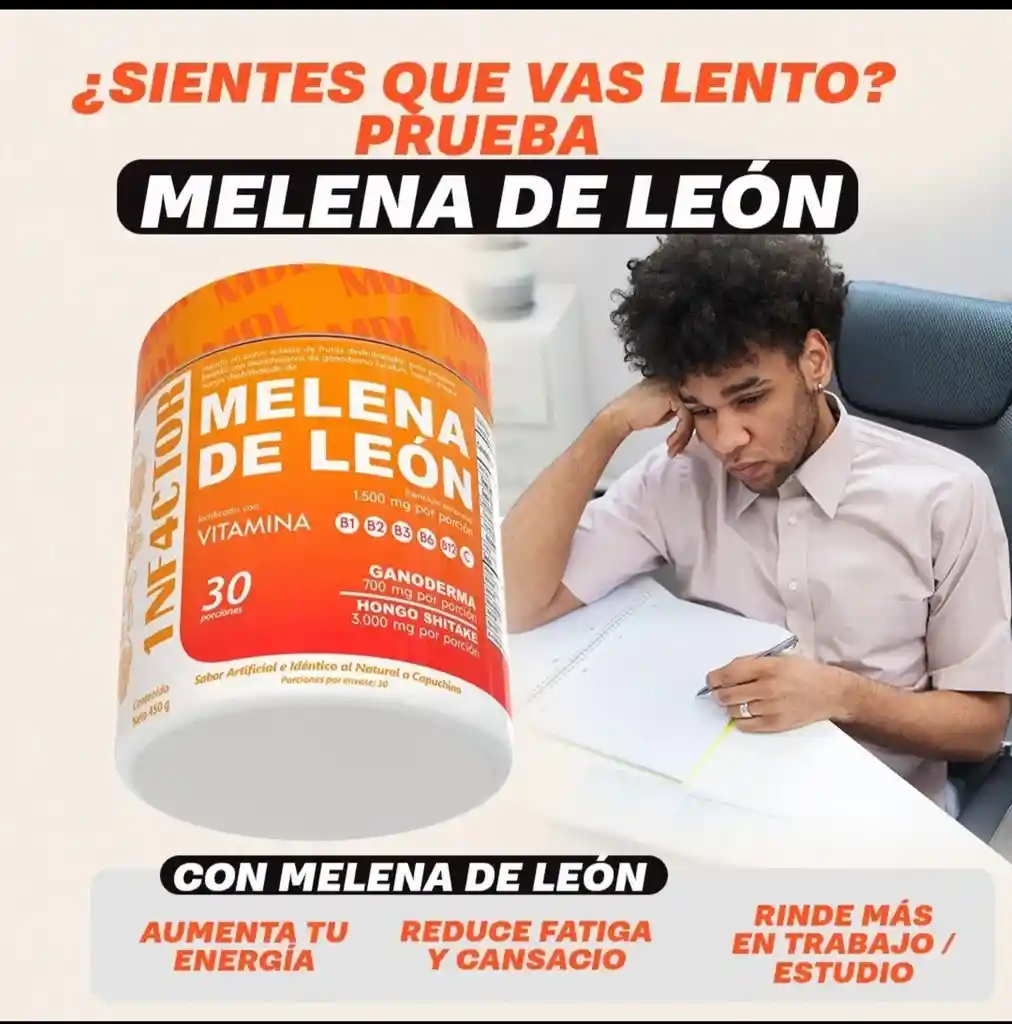 Melena De Leon En Polvo Con Hongo Shitake Y Vitamina B1, B2, B3, B6, B12, C