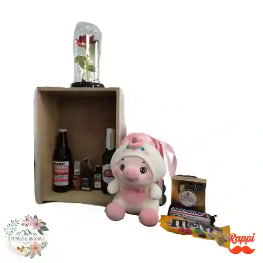 Caja Sorpresa Dulce Cerdito Con Rosas Y Licores