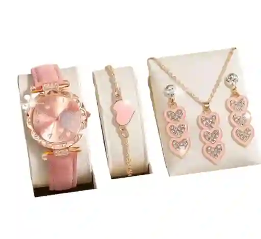 Kit Reloj Corazones Para Mujer + Juego De Collar Aretes