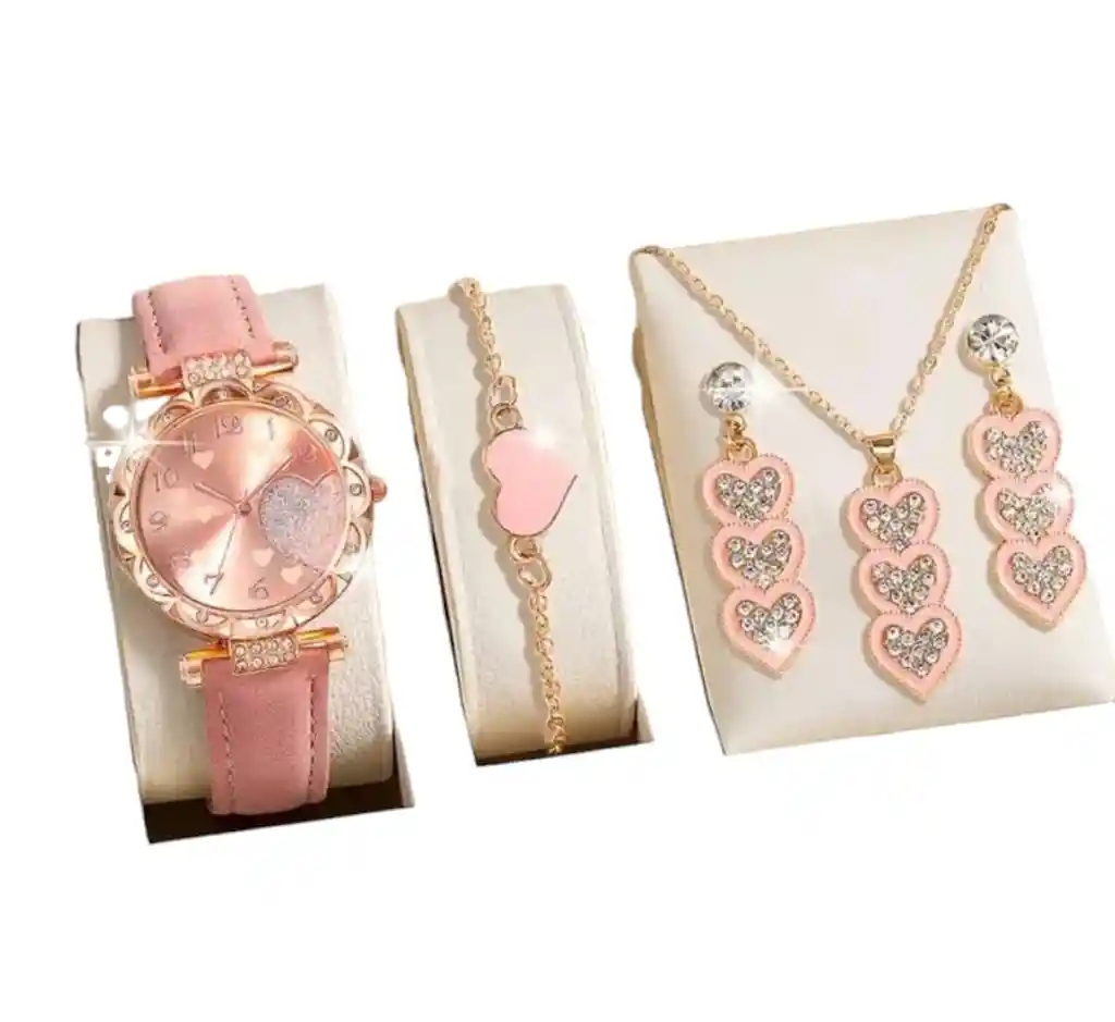 Kit Reloj Corazones Para Mujer + Juego De Collar Aretes