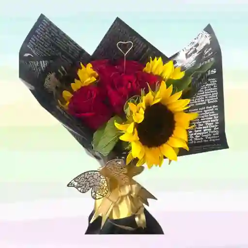 Flores Rosas X10 Con 3 Girasoles Medianos