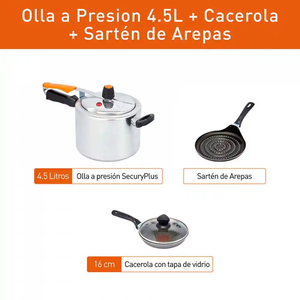 Olla A Presión 4.5lt + Sartén Arepas + Cacerola 16cm