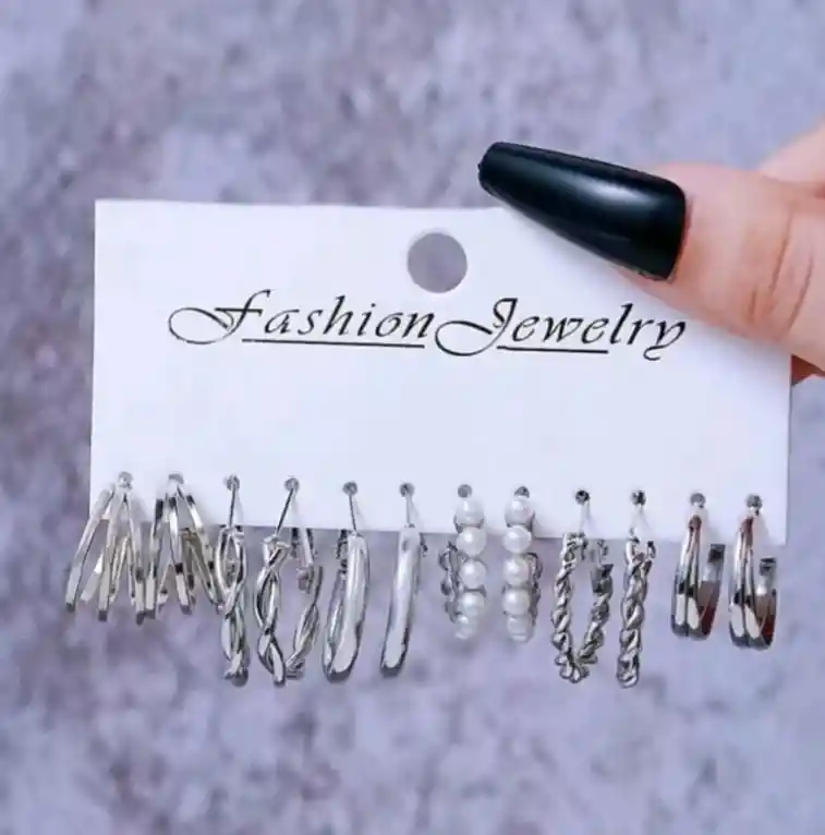 Aretes 6 Pares Zarcillos Plateados