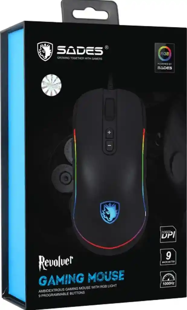 Ratón Gamer Sades Rgb, 9 Teclas, Ambidextro, Macro, Color Negro
