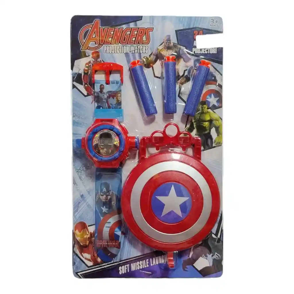 Set Reloj Proyector Avengers + Escudo Y Lanzador De Misiles – Juguete Infantil X5 Piezas