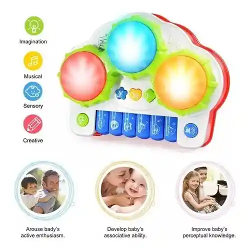 Piano Juguete Infantil Tambor De Mano 2 En 1 Luz Y Sonido