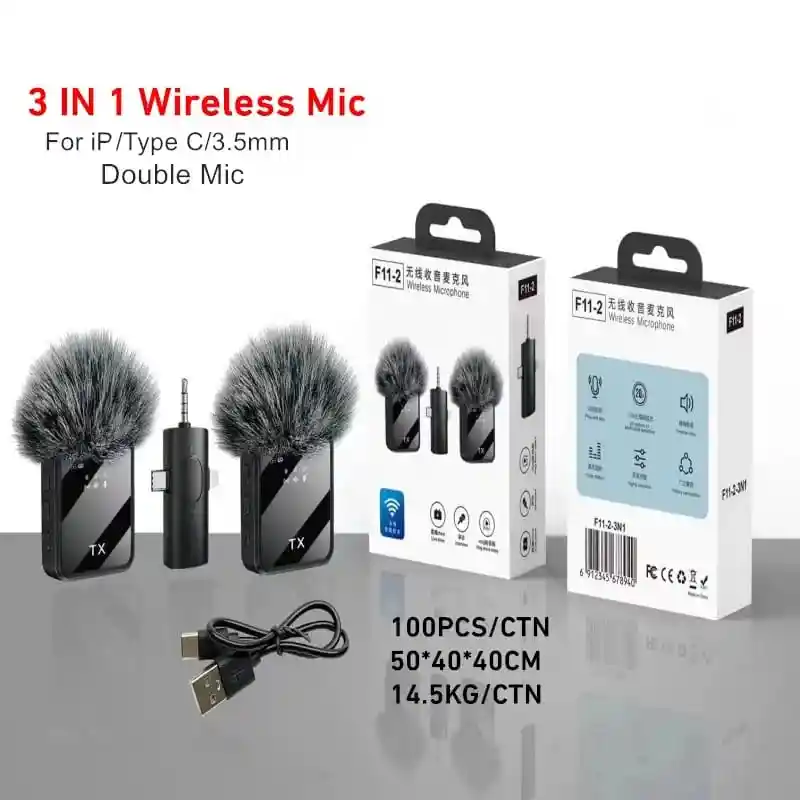 Doble Micrófono Inalámbrico F11-2 Premium Doble Solapa, Conexión 3 En 1