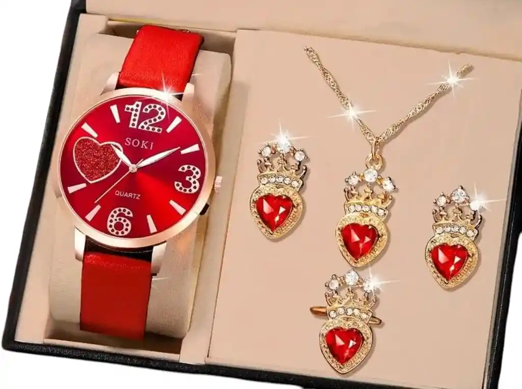 Set Reloj Rojo Para Mujer Reloj Dama Con Accesorios Cor
