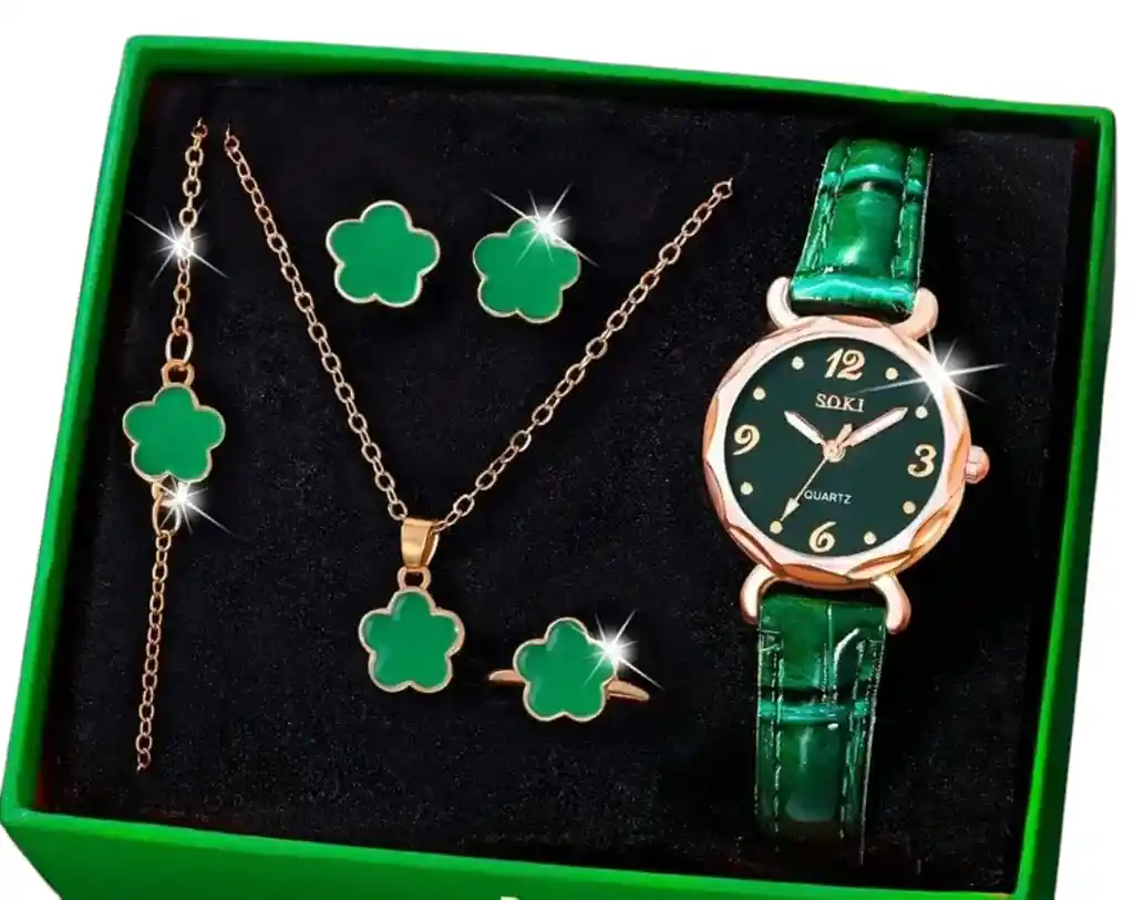 Kit Reloj Verde Para Mujer + Juego De Collar Aretes Verde