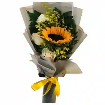 Bouquet De 1 Girasol Y 3 Rosas Blancas