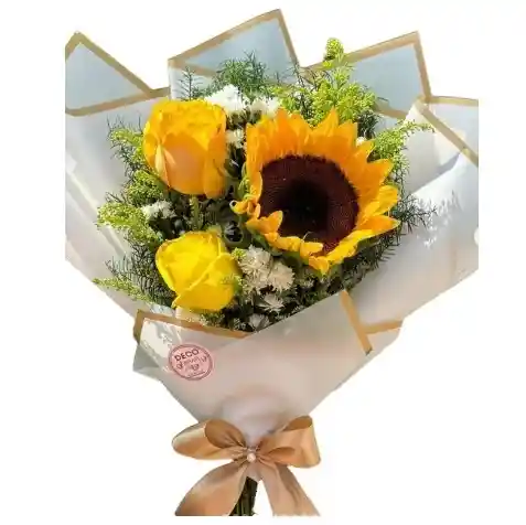 Bouquet De 1 Girasol Y 2 Rosas Amarillas