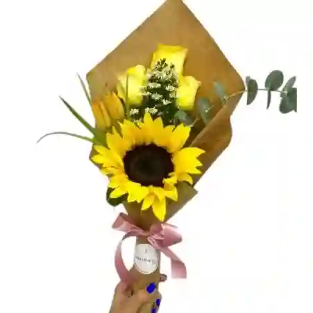 Bouquet De 3 Rosas Amarillas Y 1 Girasol