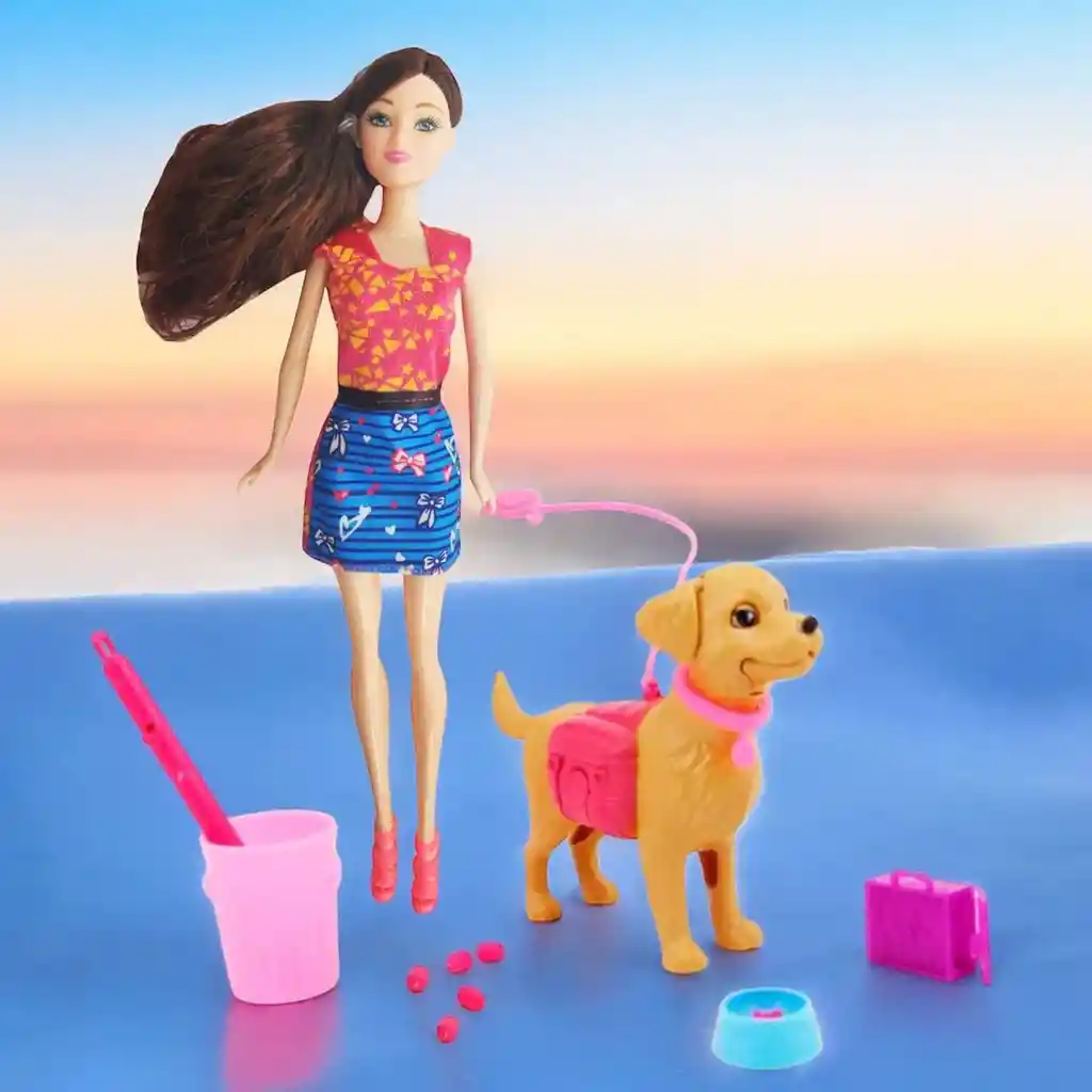 Muñeca Tipo Barbie Moda Con Mascota Perro Accesorios Niñas Juguete
