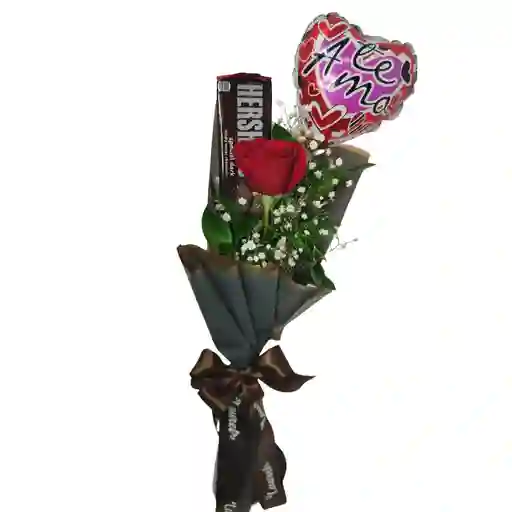Ramo De 1 Rosa, Chocolate Y Globo