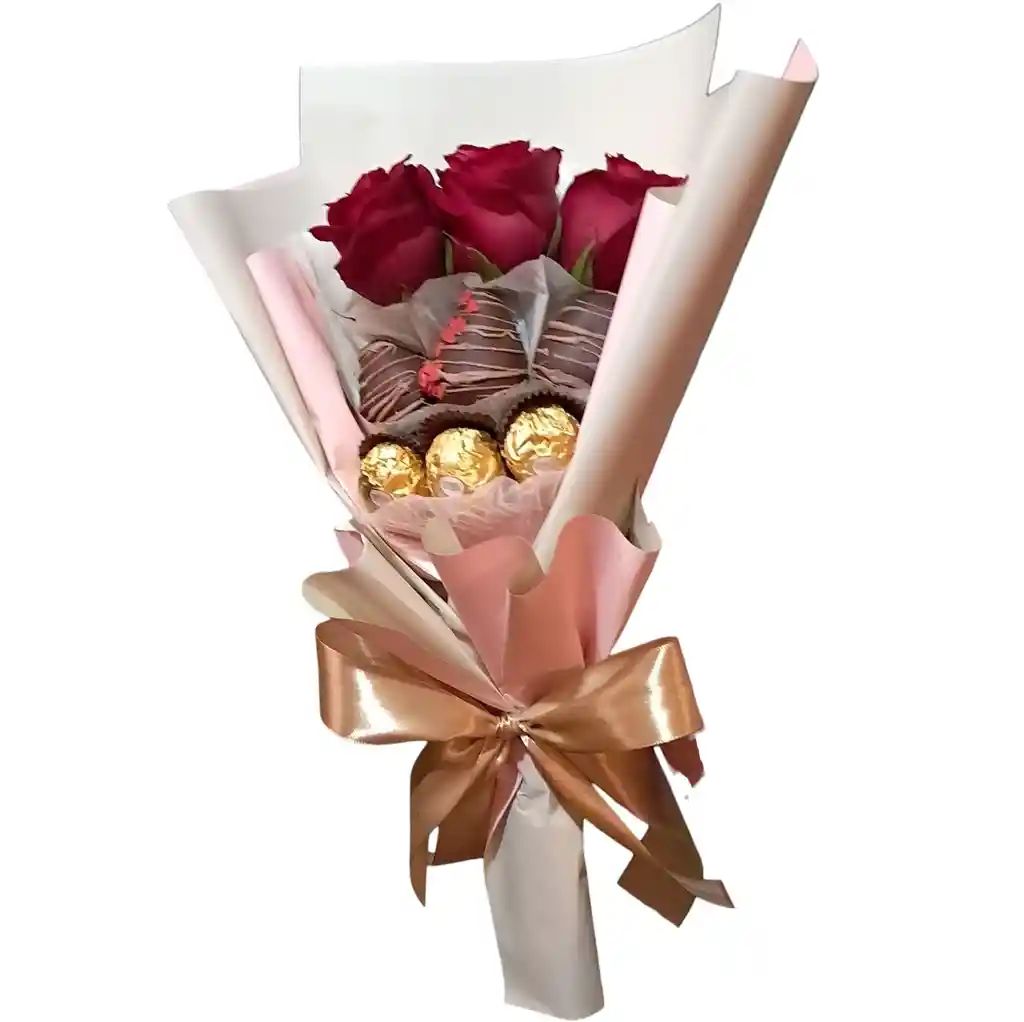 Bouquet De 3 Rosas, Fresas Y Ferrero