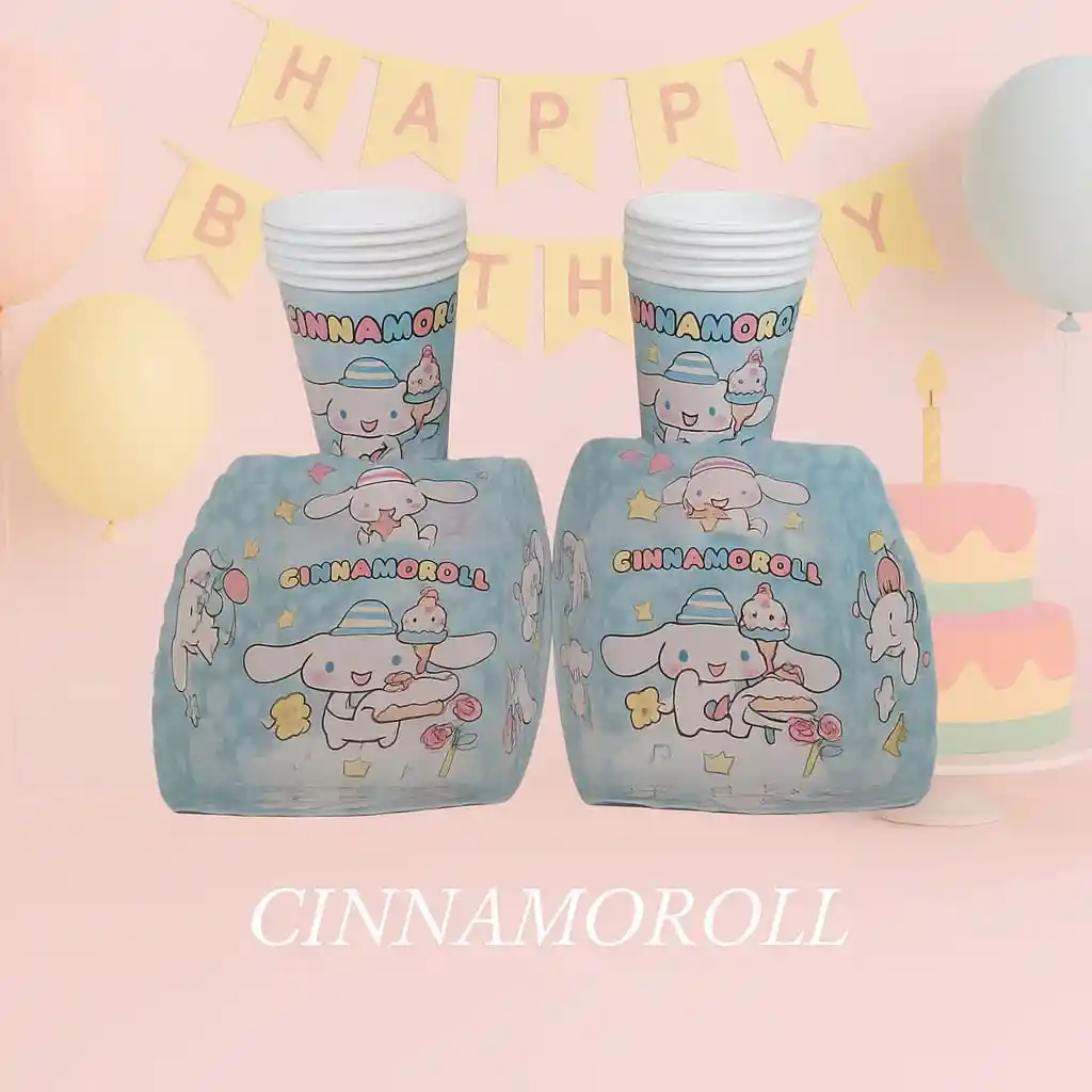 Set De Fiesta Cinnamoroll 12 Vasos + 12 Torteros Con Diseño Tierno Y Colorido