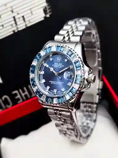 Reloj Rolex Plateado Con Perlado Azul/ Genérico