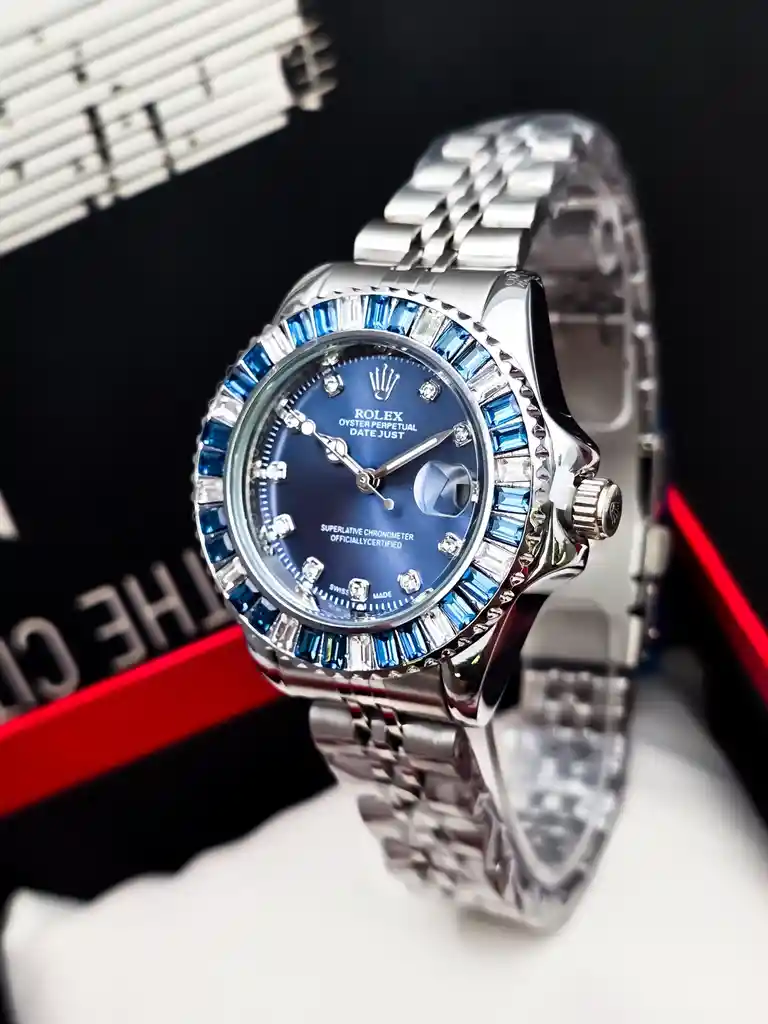 Reloj Rolex Plateado Con Perlado Azul/ Genérico