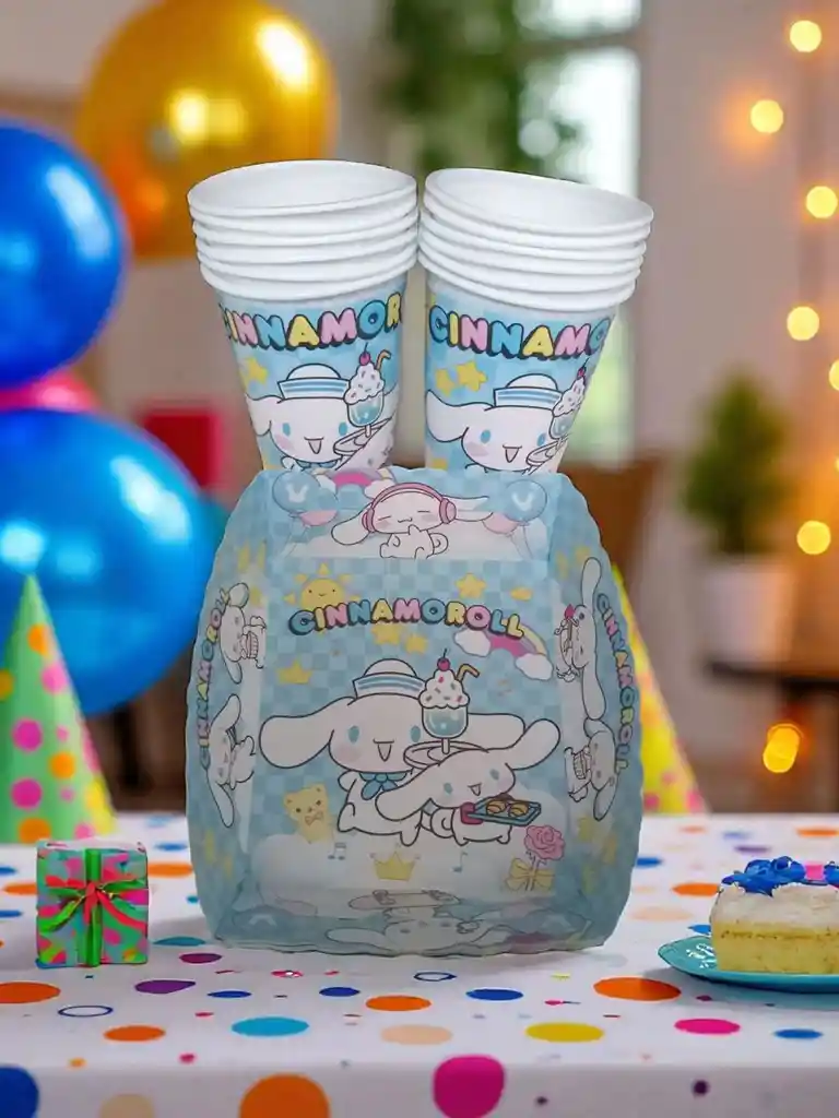 Set De Fiesta Cinnamoroll 12 Vasos + 12 Torteros Con Diseño Tierno Y Colorido
