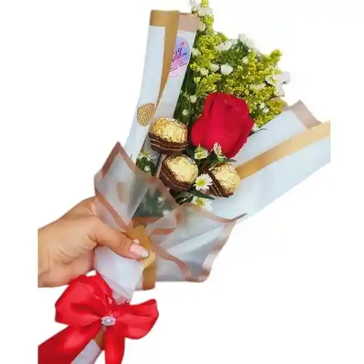 Bouquet De 1 Rosa Roja Y 3 Ferrero