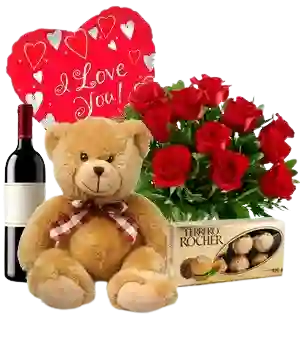 Rosas Rojas Romántico Con Vino Y Peluche