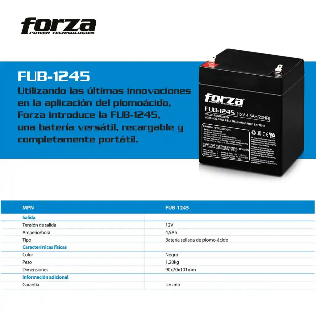 Batería Recargable 12v45ah Forza Fub-1245 Para Ups Alarmas