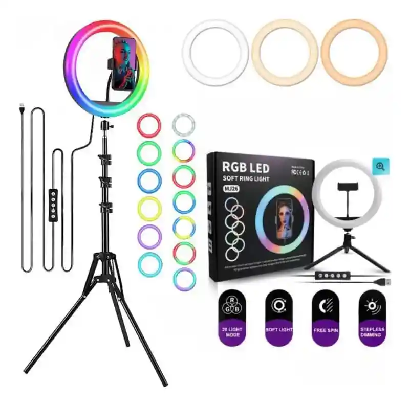 Aro De Luz Rgb Led Flash 33 Cm Fotografía Selfie + Trípode Color De La Estructura Negro