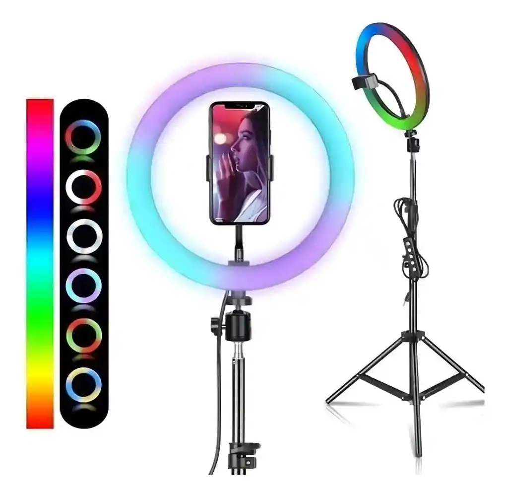 Aro De Luz Rgb Led Flash 33 Cm Fotografía Selfie + Trípode Color De La Estructura Negro