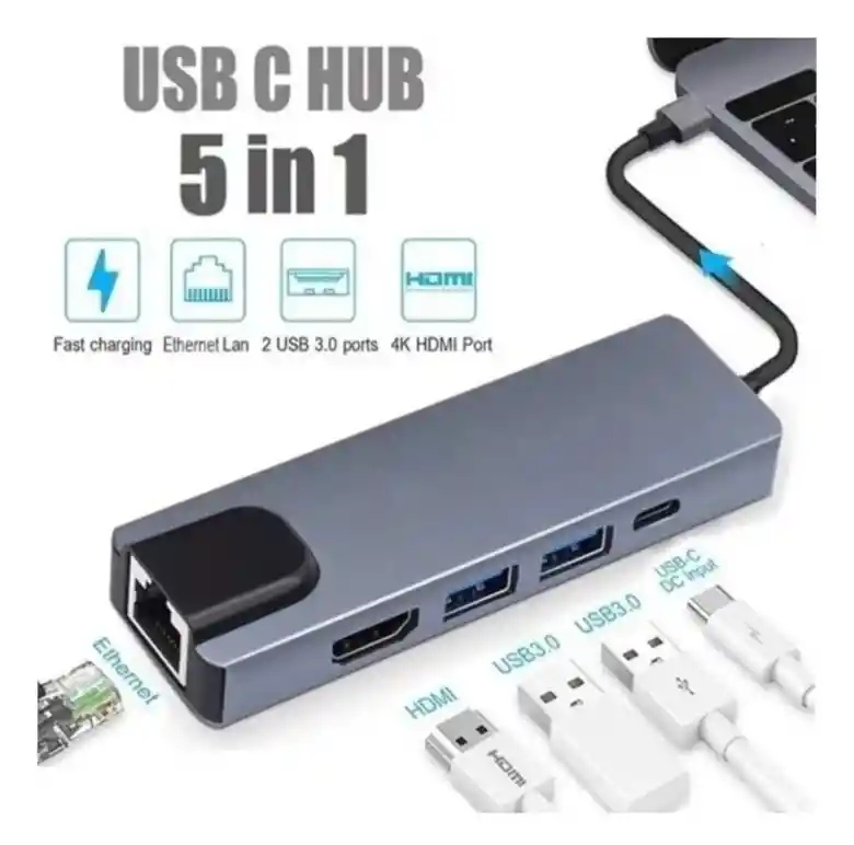 Adaptador Hub Tipo C 5 En 1 Hdmi Usb 3.0 Y Rj45