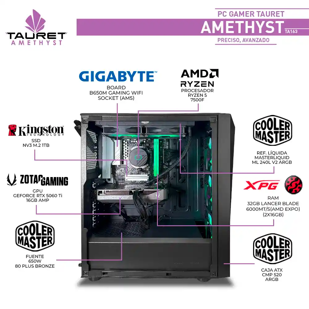 Pc Gamer Tauret Amethyst Ta163 Amd Ryzen 5 7500f Rtx 5060 Ti 16gb Ram 32gb M.2 1tb
