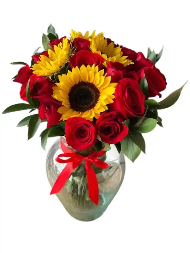 Rosas Y Girasoles En Jarrón